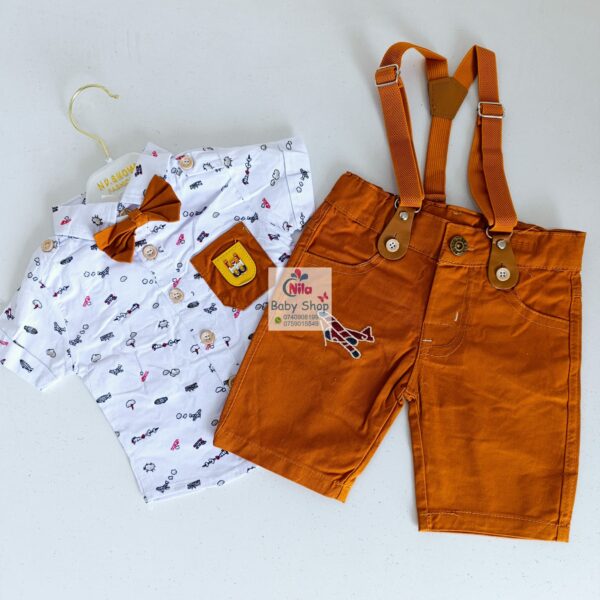 High Quality Baby Boy Suspender Khaki Shorts With Shirt & Bow Tie - Image 11