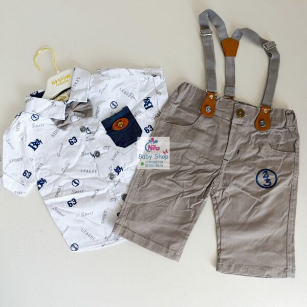 High Quality Baby Boy Suspender Khaki Shorts With Shirt & Bow Tie - Image 8