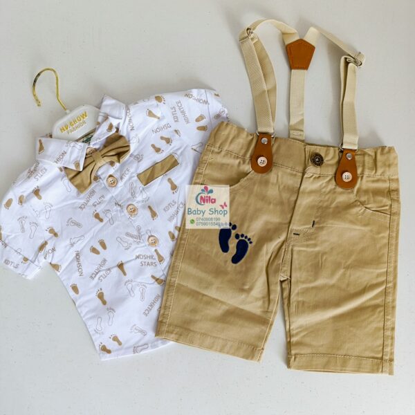 High Quality Baby Boy Suspender Khaki Shorts With Shirt & Bow Tie - Image 7