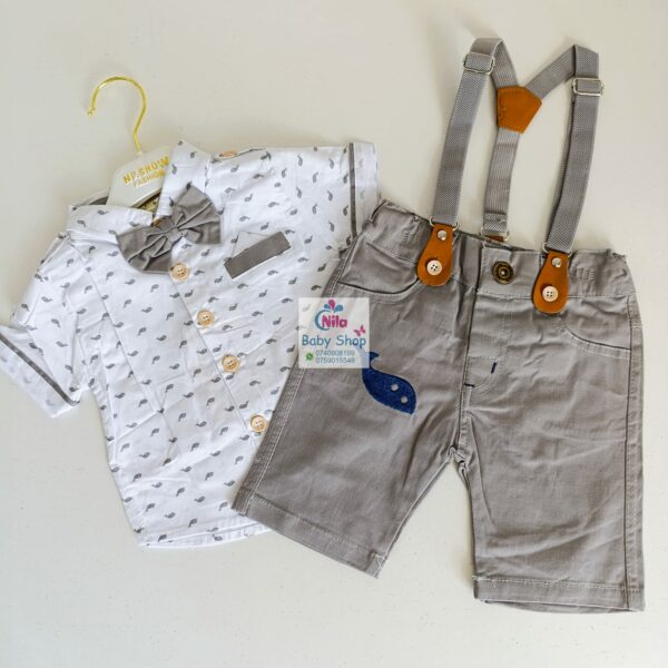 High Quality Baby Boy Suspender Khaki Shorts With Shirt & Bow Tie - Image 6