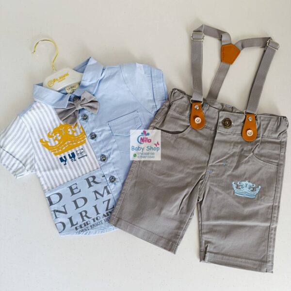 High Quality Baby Boy Suspender Khaki Shorts With Shirt & Bow Tie - Image 5