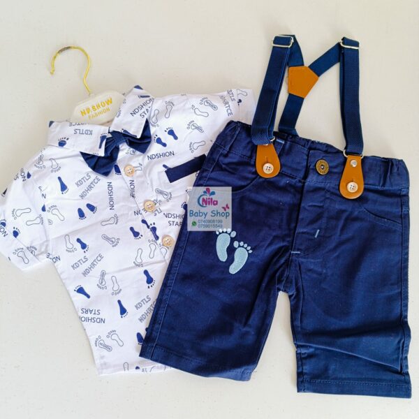 High Quality Baby Boy Suspender Khaki Shorts With Shirt & Bow Tie - Image 4