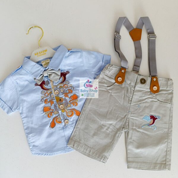 High Quality Baby Boy Suspender Khaki Shorts With Shirt & Bow Tie - Image 3