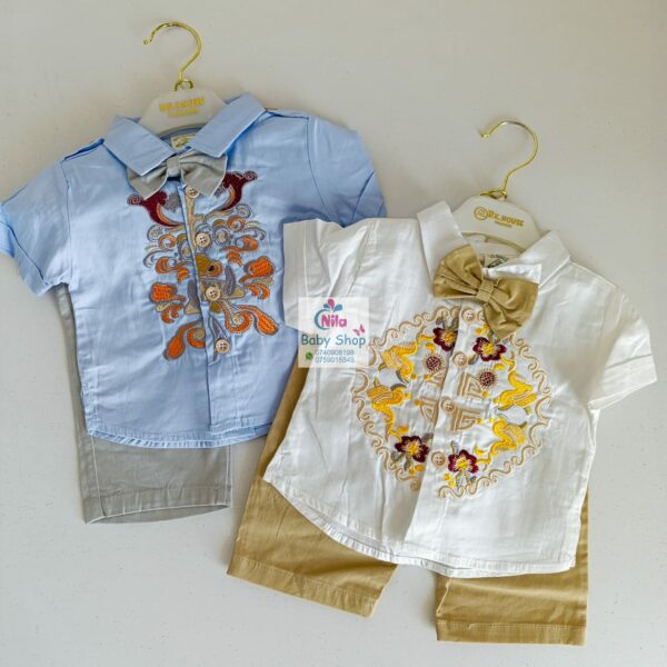 High Quality Baby Boy Suspender Khaki Shorts With Shirt & Bow Tie - Image 2