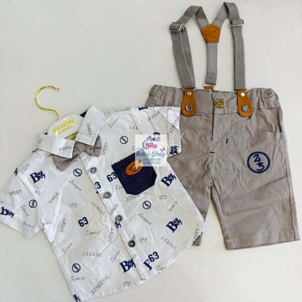 High Quality Baby Boy Suspender Khaki Shorts With Shirt & Bow Tie - Image 4