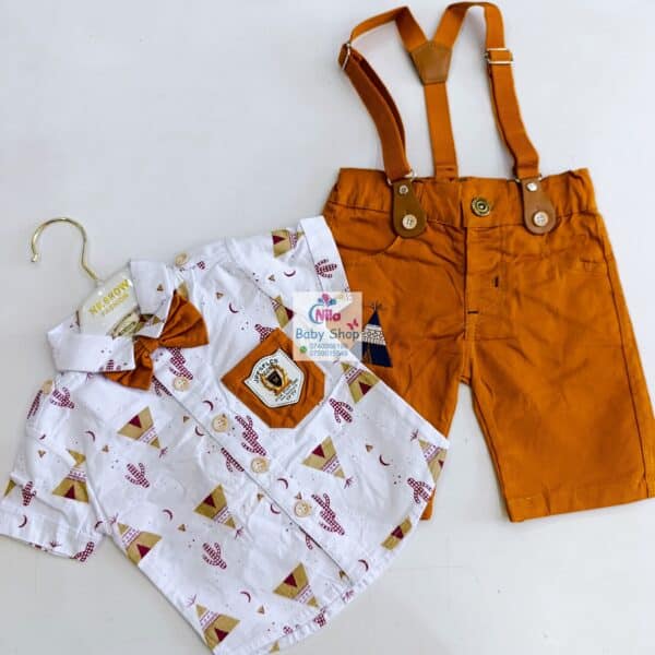 High Quality Baby Boy Suspender Khaki Shorts With Shirt & Bow Tie - Image 2