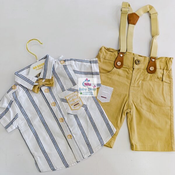 High Quality Baby Boy Suspender Khaki Shorts With Shirt & Bow Tie - Image 9