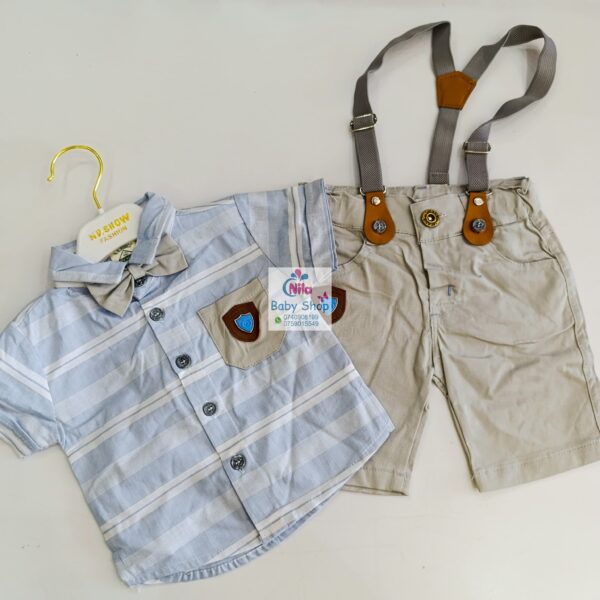 High Quality Baby Boy Suspender Khaki Shorts With Shirt & Bow Tie - Image 7