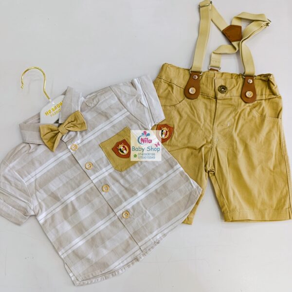 High Quality Baby Boy Suspender Khaki Shorts With Shirt & Bow Tie - Image 8