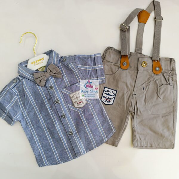 High Quality Baby Boy Suspender Khaki Shorts With Shirt & Bow Tie - Image 5