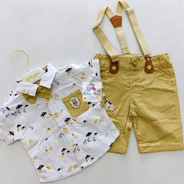 High Quality Baby Boy Suspender Khaki Shorts With Shirt & Bow Tie - Image 7