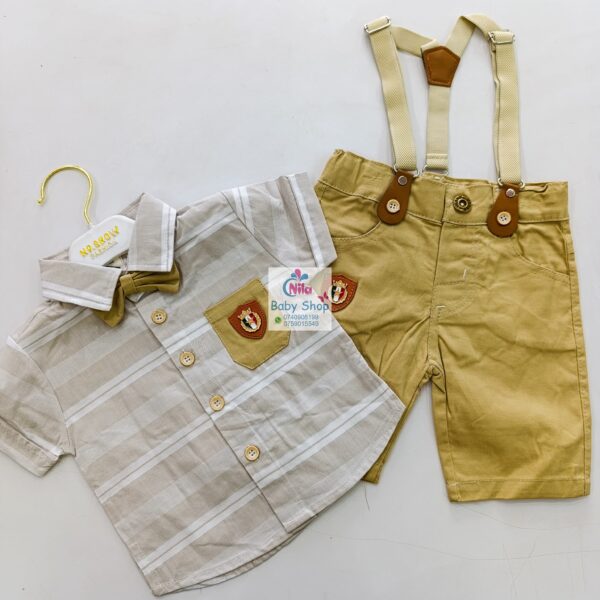 High Quality Baby Boy Suspender Khaki Shorts With Shirt & Bow Tie - Image 8