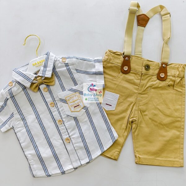 High Quality Baby Boy Suspender Khaki Shorts With Shirt & Bow Tie - Image 5