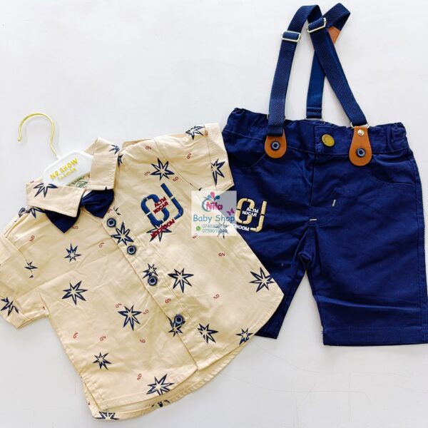 High Quality Baby Boy Suspender Khaki Shorts With Shirt & Bow Tie - Image 4