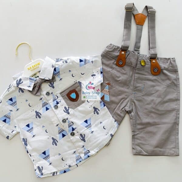 High Quality Baby Boy Suspender Khaki Shorts With Shirt & Bow Tie - Image 2