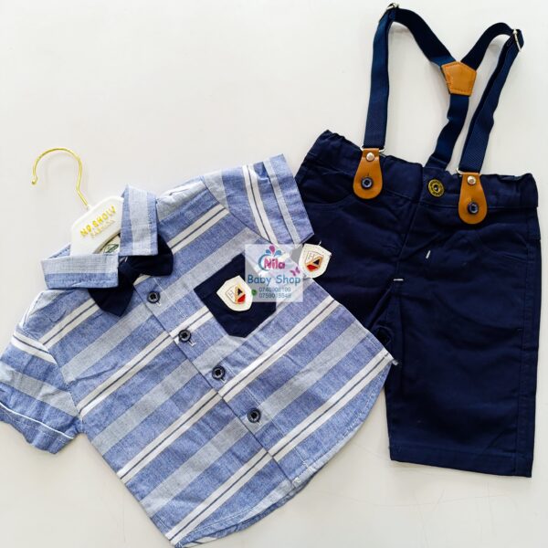 High Quality Baby Boy Suspender Khaki Shorts With Shirt & Bow Tie - Image 3