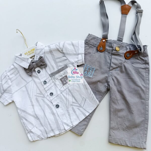 High Quality Baby Boy Suspender Khaki Shorts With Shirt & Bow Tie - Image 10