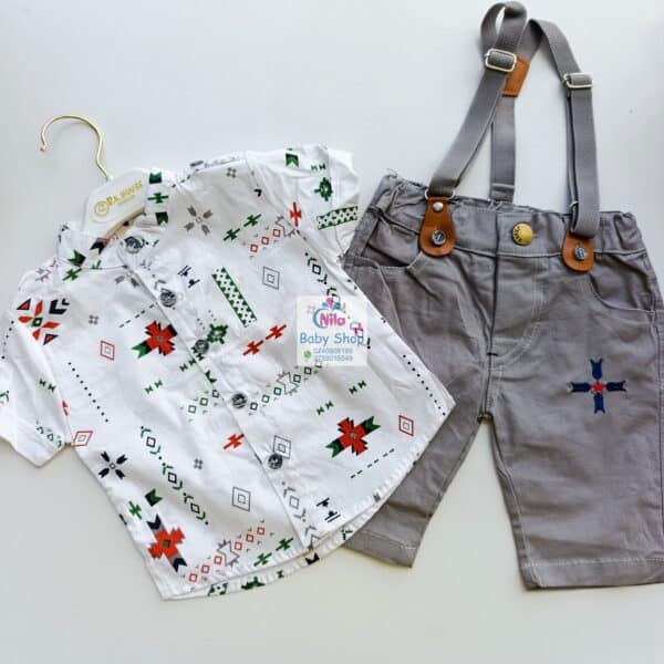 High Quality Baby Boy Suspender Khaki Shorts With Shirt & Bow Tie - Image 9