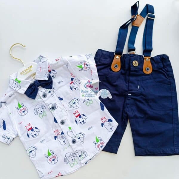 High Quality Baby Boy Suspender Khaki Shorts With Shirt & Bow Tie