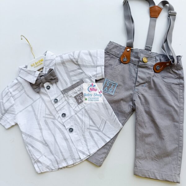 High Quality Baby Boy Suspender Khaki Shorts With Shirt & Bow Tie - Image 7