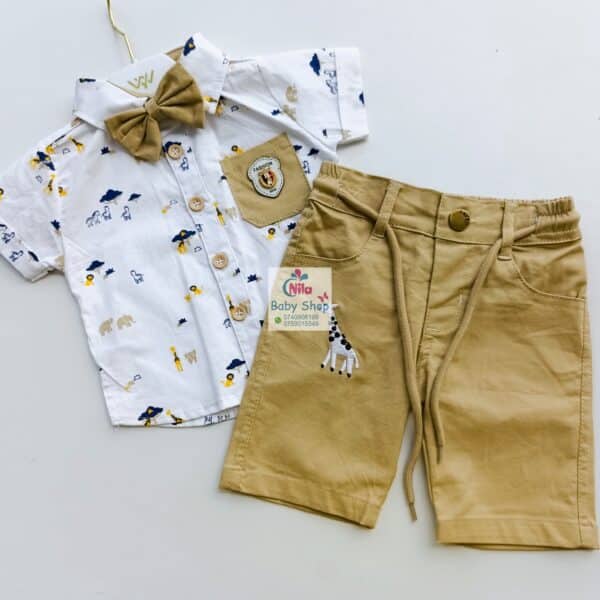 High Quality Baby Boy Suspender Khaki Shorts With Shirt & Bow Tie - Image 6