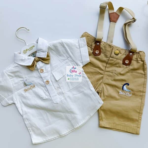 High Quality Baby Boy Suspender Khaki Shorts With Shirt & Bow Tie - Image 4