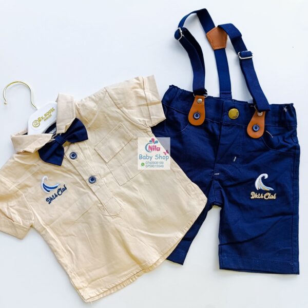 High Quality Baby Boy Suspender Khaki Shorts With Shirt & Bow Tie - Image 3