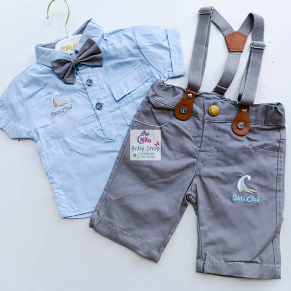 High Quality Baby Boy Suspender Khaki Shorts With Shirt & Bow Tie - Image 2