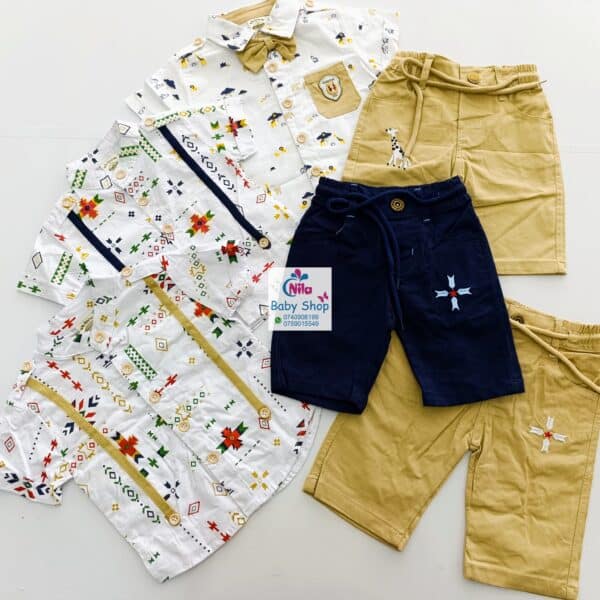 High Quality Baby Boy Suspender Khaki Shorts With Shirt & Bow Tie - Image 17