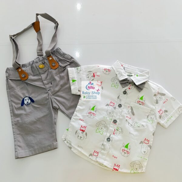 High Quality Baby Boy Suspender Khaki Shorts With Shirt & Bow Tie - Image 15