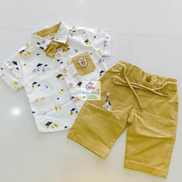 High Quality Baby Boy Suspender Khaki Shorts With Shirt & Bow Tie - Image 14