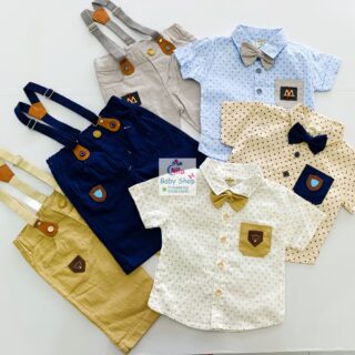 High Quality Baby Boy Suspender Khaki Shorts With Shirt & Bow Tie