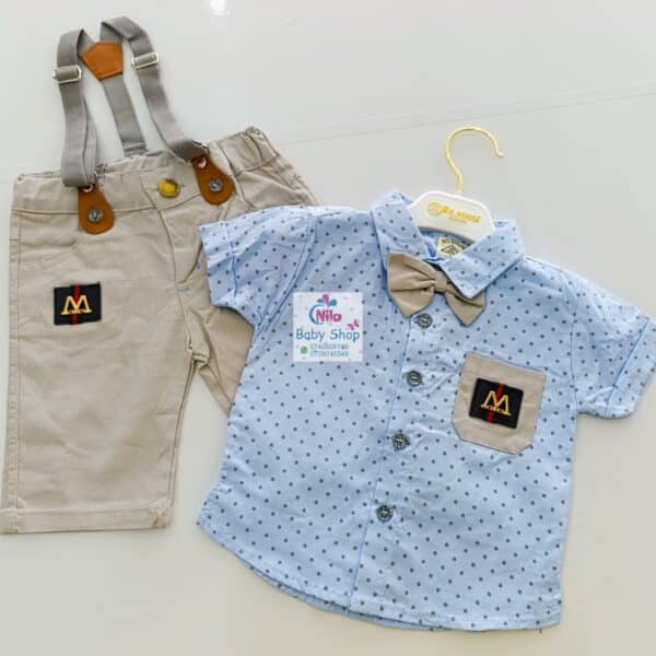 High Quality Baby Boy Suspender Khaki Shorts With Shirt & Bow Tie - Image 13