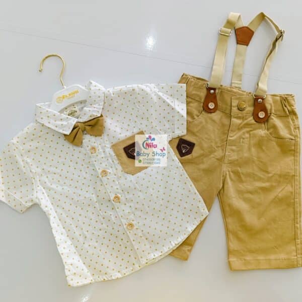 High Quality Baby Boy Suspender Khaki Shorts With Shirt & Bow Tie - Image 12