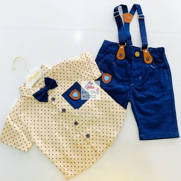 High Quality Baby Boy Suspender Khaki Shorts With Shirt & Bow Tie - Image 11