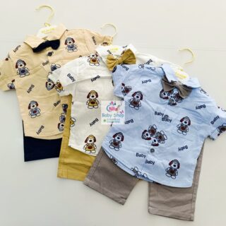 High Quality Baby Boy Suspender Khaki Shorts With Shirt & Bow Tie
