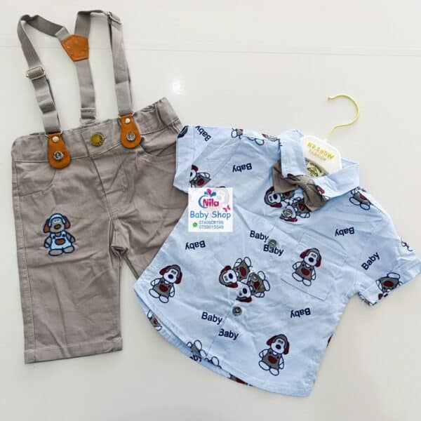 High Quality Baby Boy Suspender Khaki Shorts With Shirt & Bow Tie - Image 19