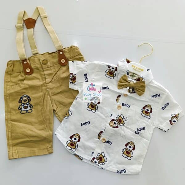 High Quality Baby Boy Suspender Khaki Shorts With Shirt & Bow Tie - Image 20