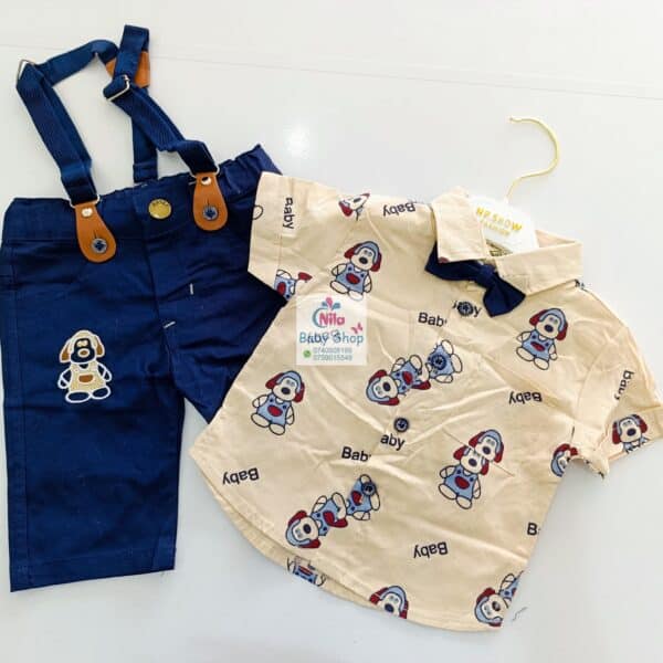 High Quality Baby Boy Suspender Khaki Shorts With Shirt & Bow Tie - Image 18