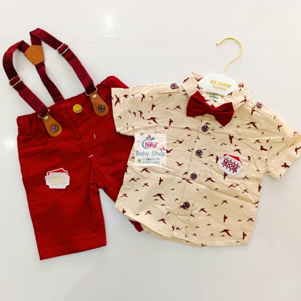 High Quality Baby Boy Suspender Khaki Shorts With Shirt & Bow Tie - Image 6