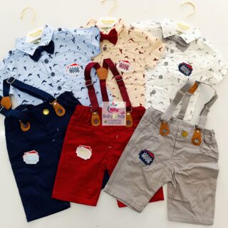 High Quality Baby Boy Suspender Khaki Shorts With Shirt & Bow Tie