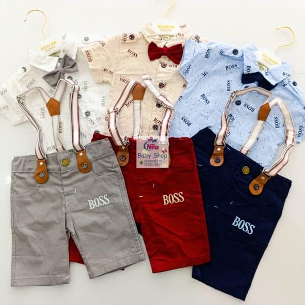 High Quality Baby Boy Suspender Khaki Shorts With Shirt & Bow Tie - Image 5