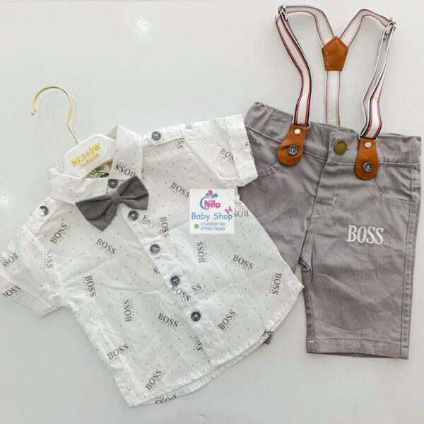 High Quality Baby Boy Suspender Khaki Shorts With Shirt & Bow Tie - Image 4