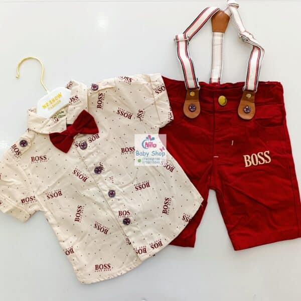High Quality Baby Boy Suspender Khaki Shorts With Shirt & Bow Tie - Image 3