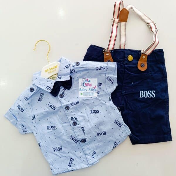 High Quality Baby Boy Suspender Khaki Shorts With Shirt & Bow Tie - Image 2