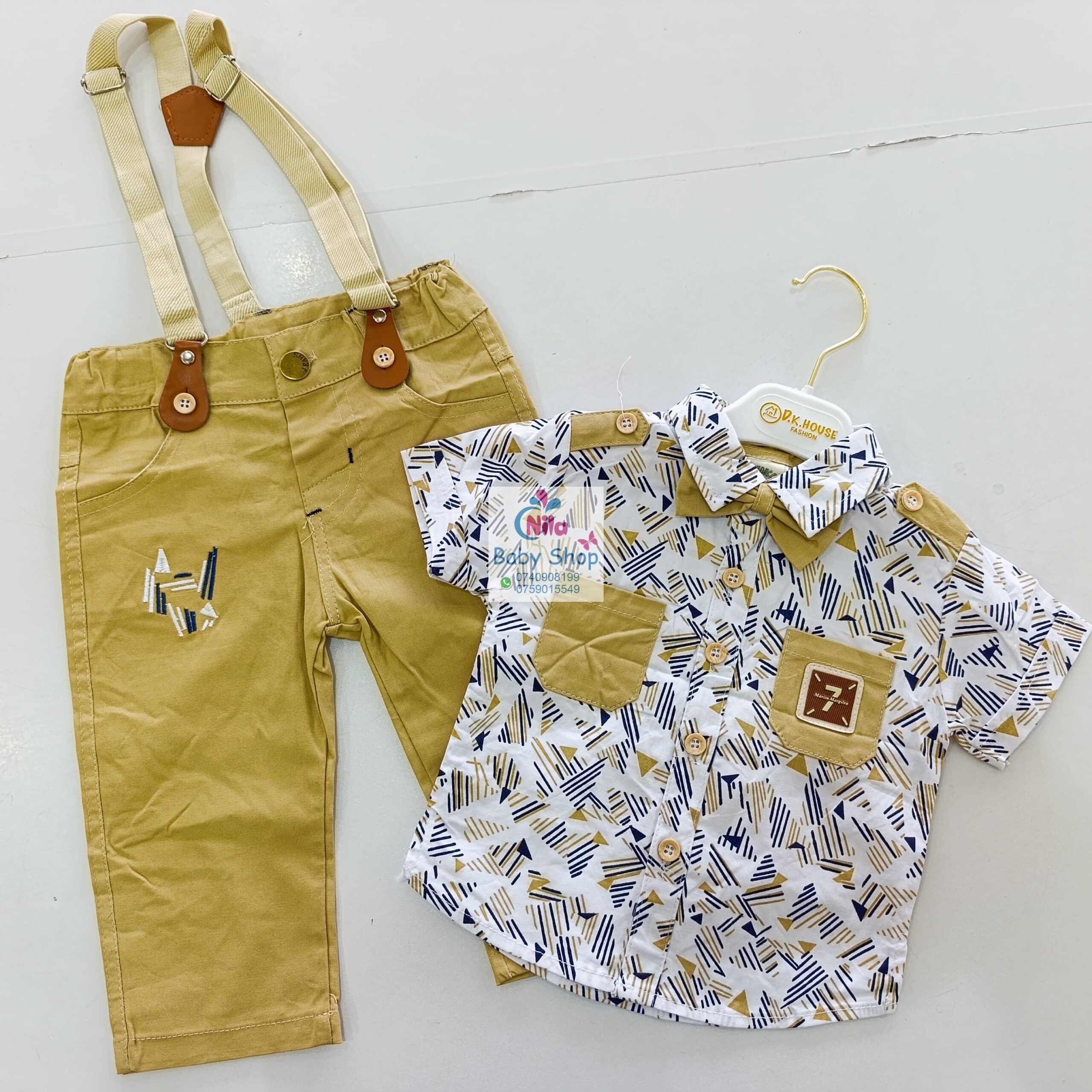 High Quality Baby Boy Suspender Khaki Shorts With Shirt & Bow Tie - Image 8