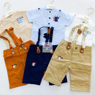 High Quality Baby Boy Suspender Khaki Shorts With Shirt & Bow Tie