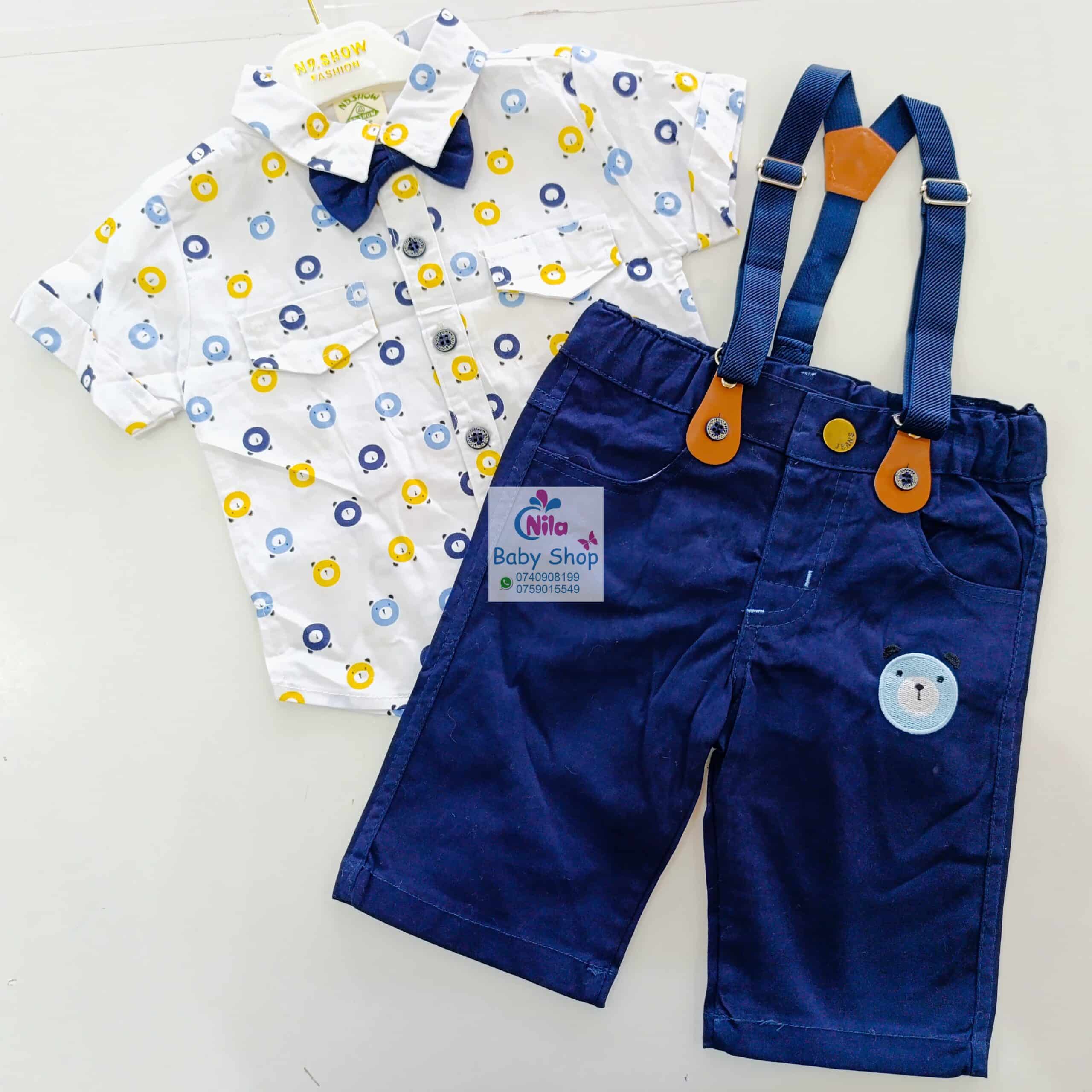 High Quality Baby Boy Suspender Khaki Shorts With Shirt & Bow Tie - Image 6