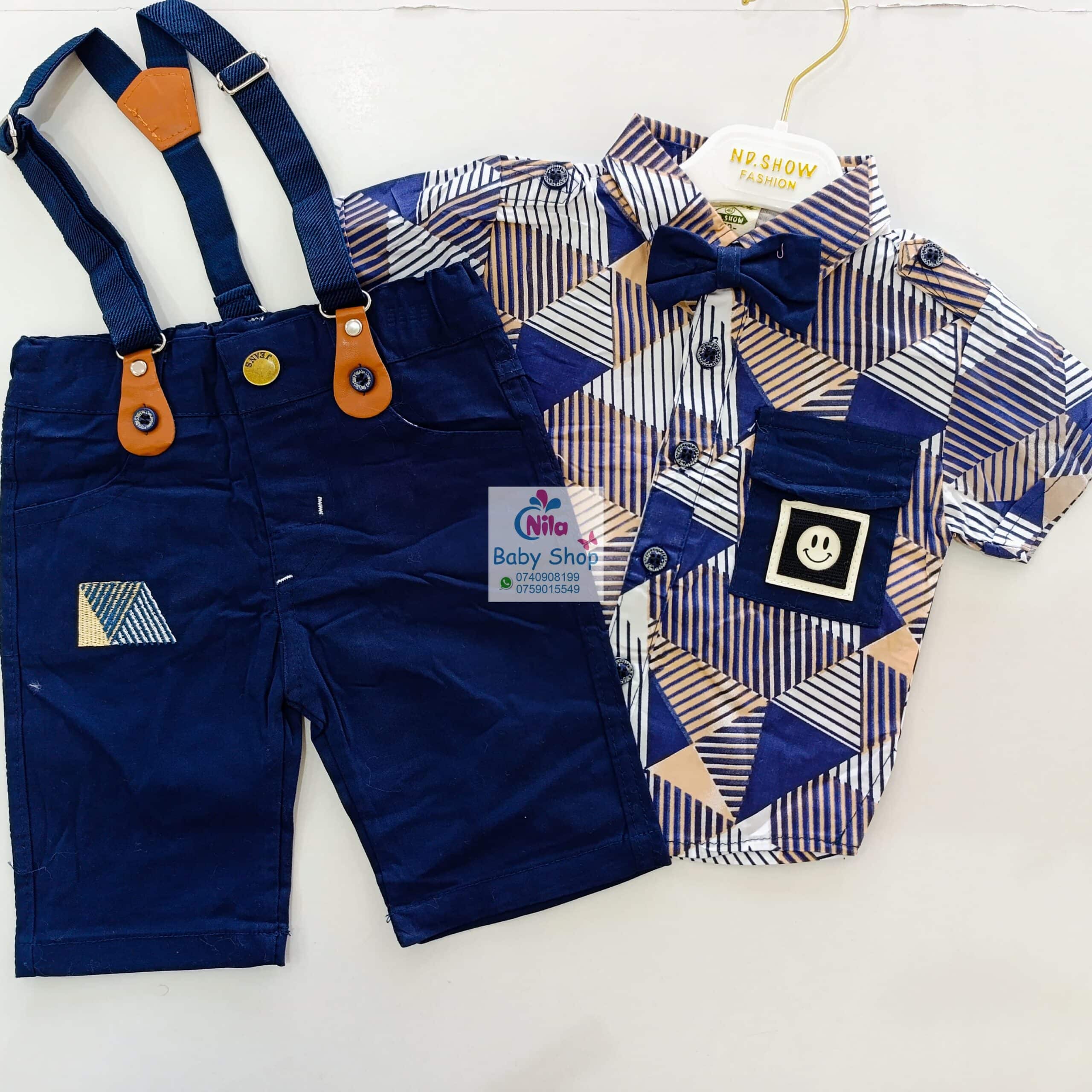 High Quality Baby Boy Suspender Khaki Shorts With Shirt & Bow Tie - Image 2