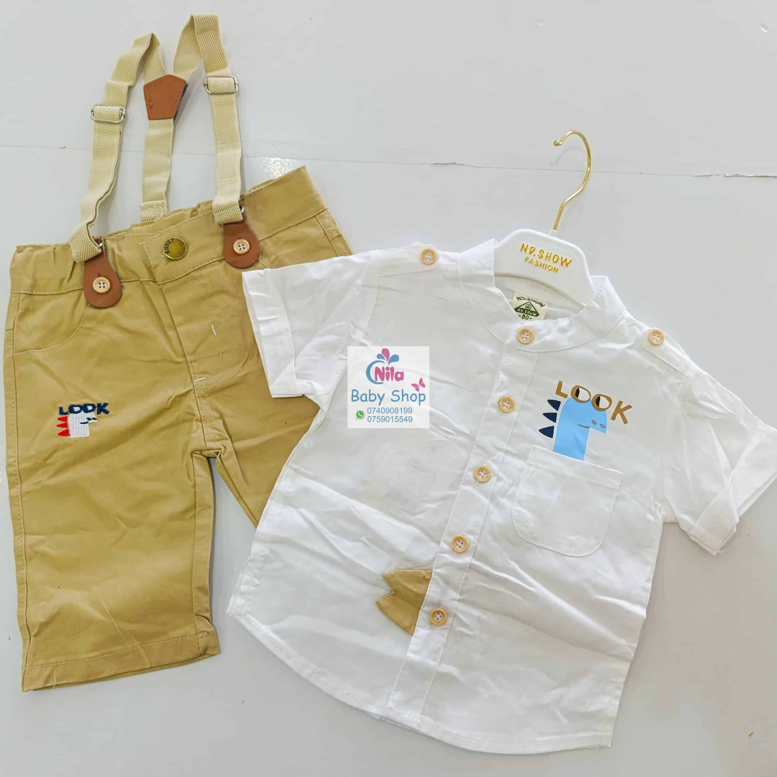 High Quality Baby Boy Suspender Khaki Shorts With Shirt & Bow Tie - Image 15